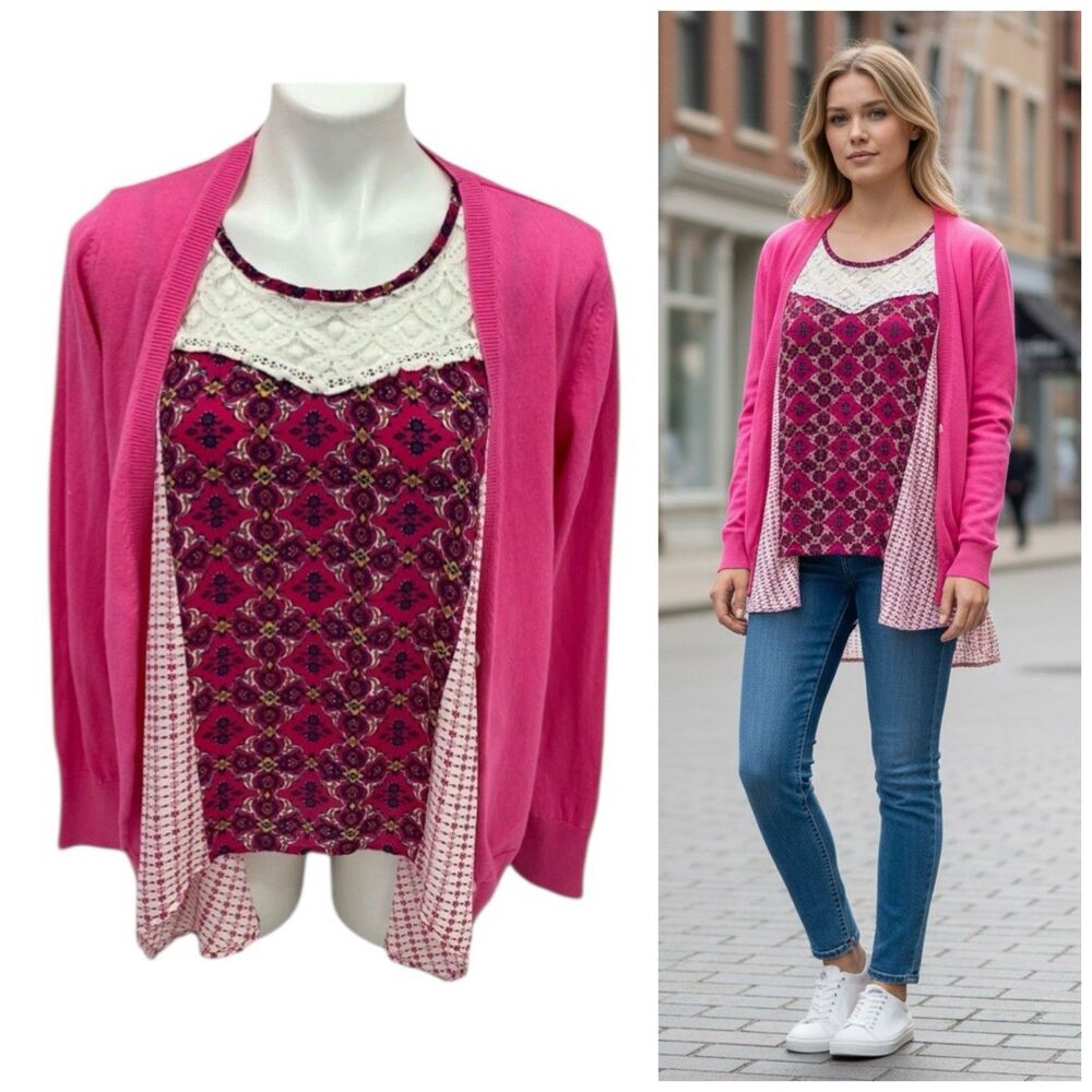 Rewind Top Sweater Womens Large Pink Blouse Floral Lace Cottagecore Peasant Farm